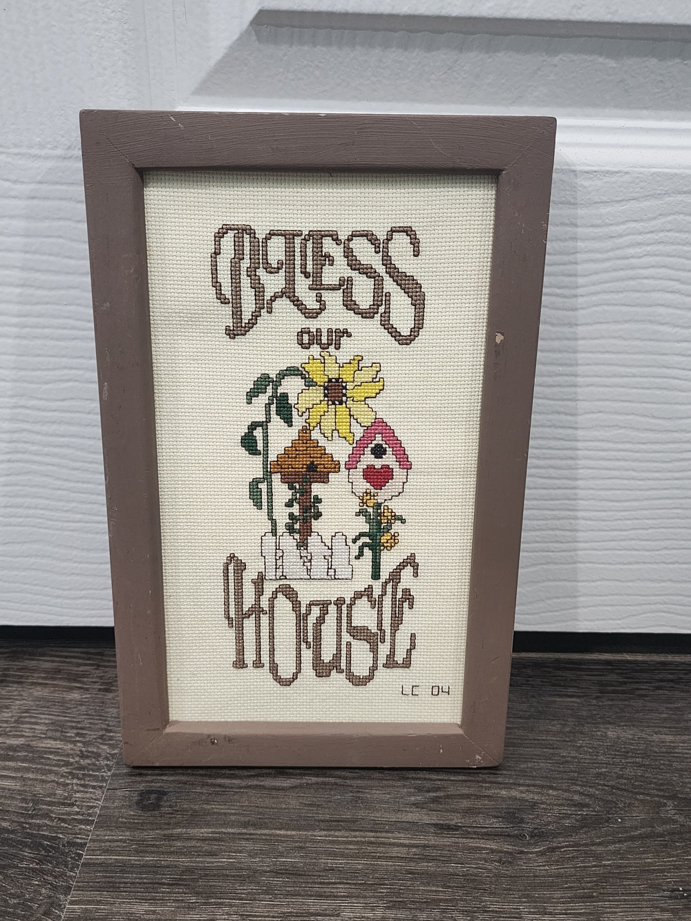 Bless Our House Framed Cross-Stitch Wall Art - Brown Frame